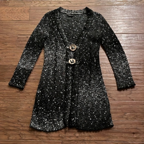 BCBGMaxAzria Sweaters - BCBG Boucle Multicolored Reverse Knit Two Button Long Cardigan Sweater Size L